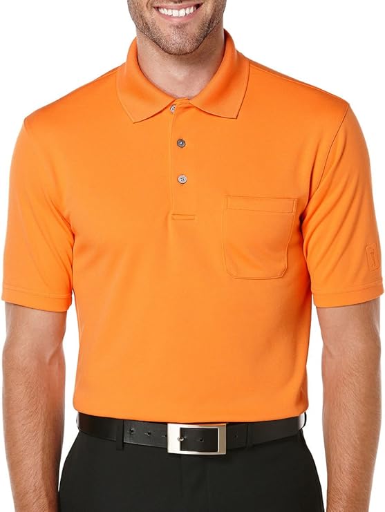 PGA TOUR Men's Golf MiniGrid Solid Short Sleeve Polo Shirt with Pocket, Blazing Orange, XLarge