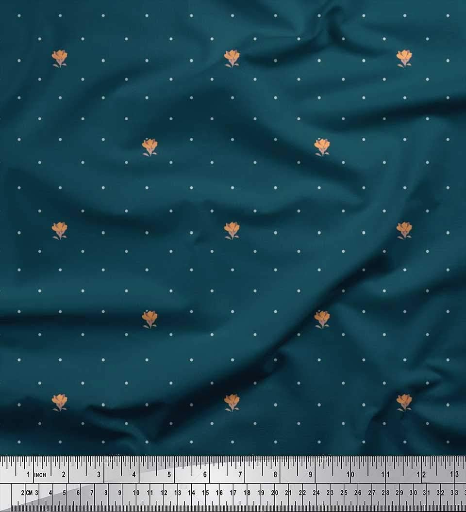 Soimoi Blau Baumwoll-Voile Stoff künstlerische Blüte & dots Drucken