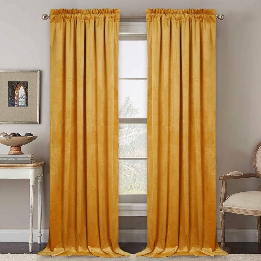 RYB HOME Velvet Window Drapes - Heavy Weight Curtains Sound Damping Indoor Decor Casual Style Winter Curtains for Living Room Dining French Door Gallery Holiday, Warm Gold, 52 x 108 inches, 2 Pcs