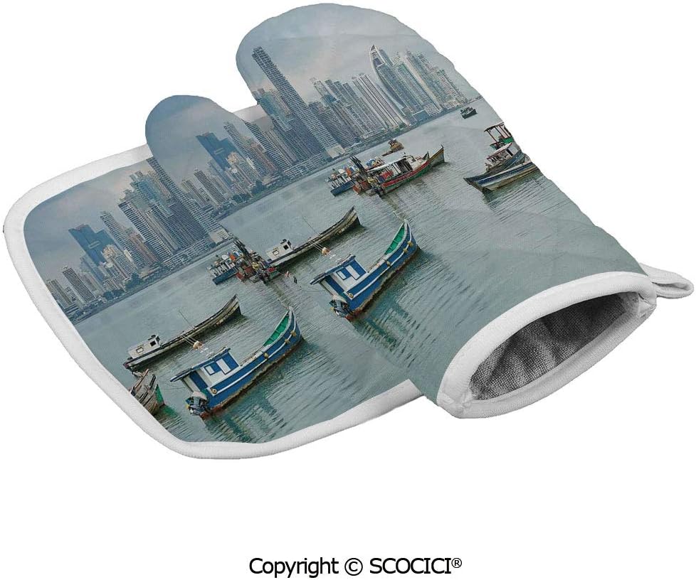 SCOCICI Durable Oven Glove ed Fishing Boats Skyscrapers Panama Cityscape Pacific Coast Central Heat Resistant Kitchen Insulated Glove + Insulated Square Mat Insulated Glove Combination
