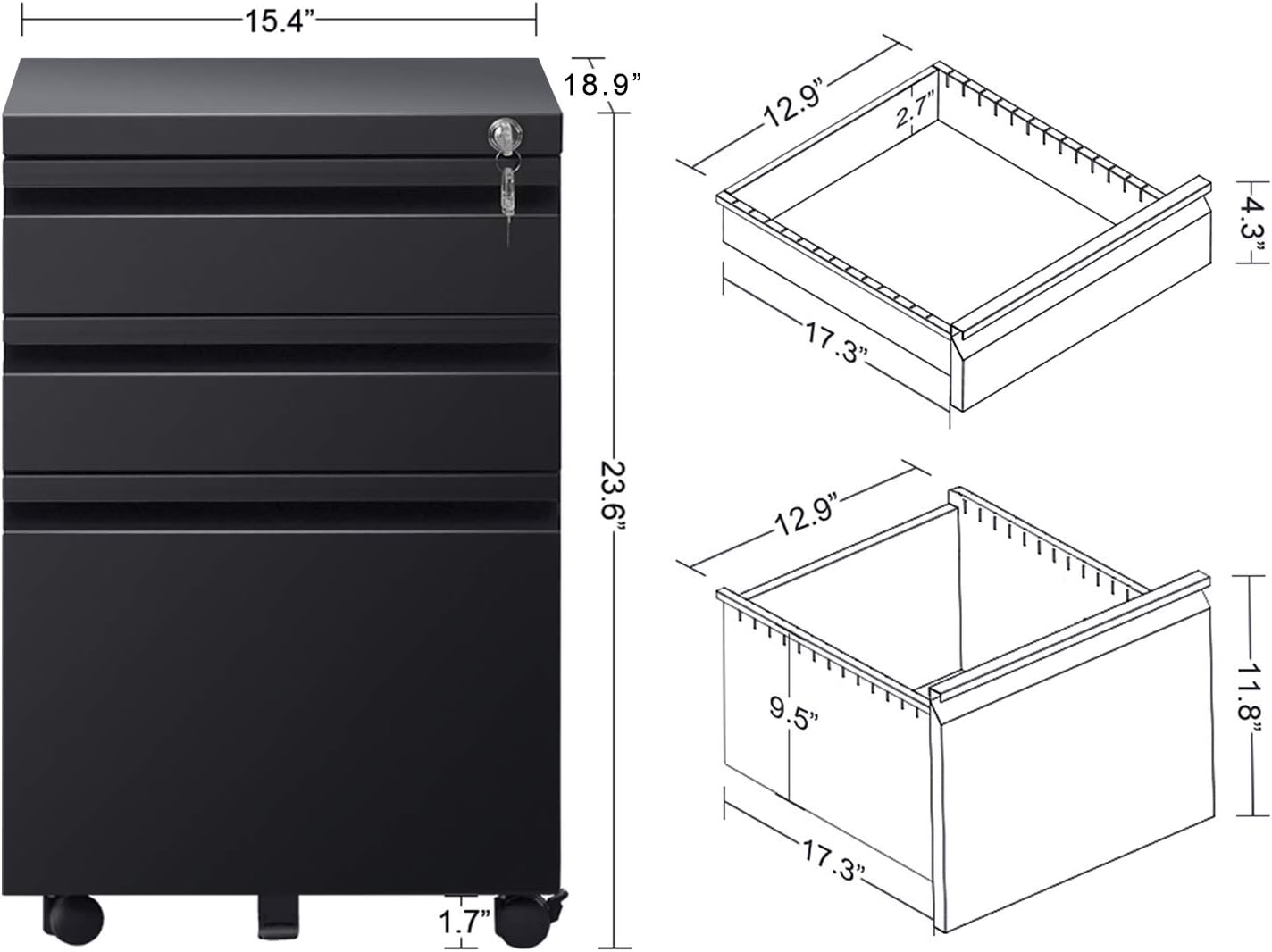 DEVAISE 3 Drawer Mobile File Cabinet Under Desk, Fully Assembled Except Casters, Letter/Legal Size, Black: Furniture & Decor