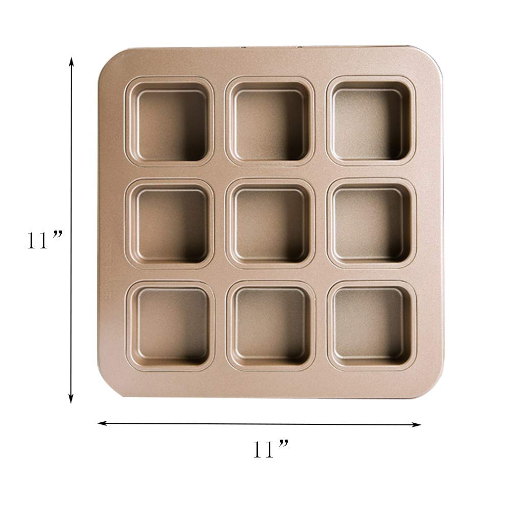 MZCH 9-Cavity Brownie Pan,Heavy-duty Carbon Steel Mini Bread Pan,Non-Stick Loaf Pan,11 by 11 inches,Gold