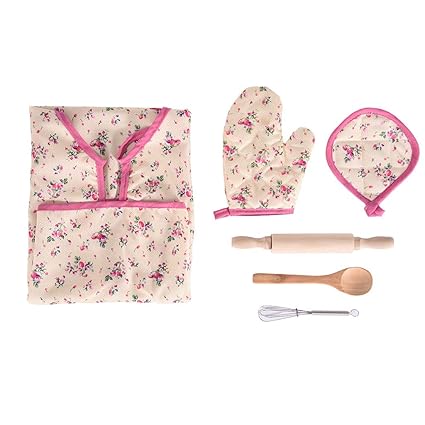 Buyone 6Pcs Kids Cooking and Baking Set Kitchen Costume Pretend Role Play Kit Apron High-Quality Kids Dress-up Costume Design Gifts for Kids and Children Cooking kit