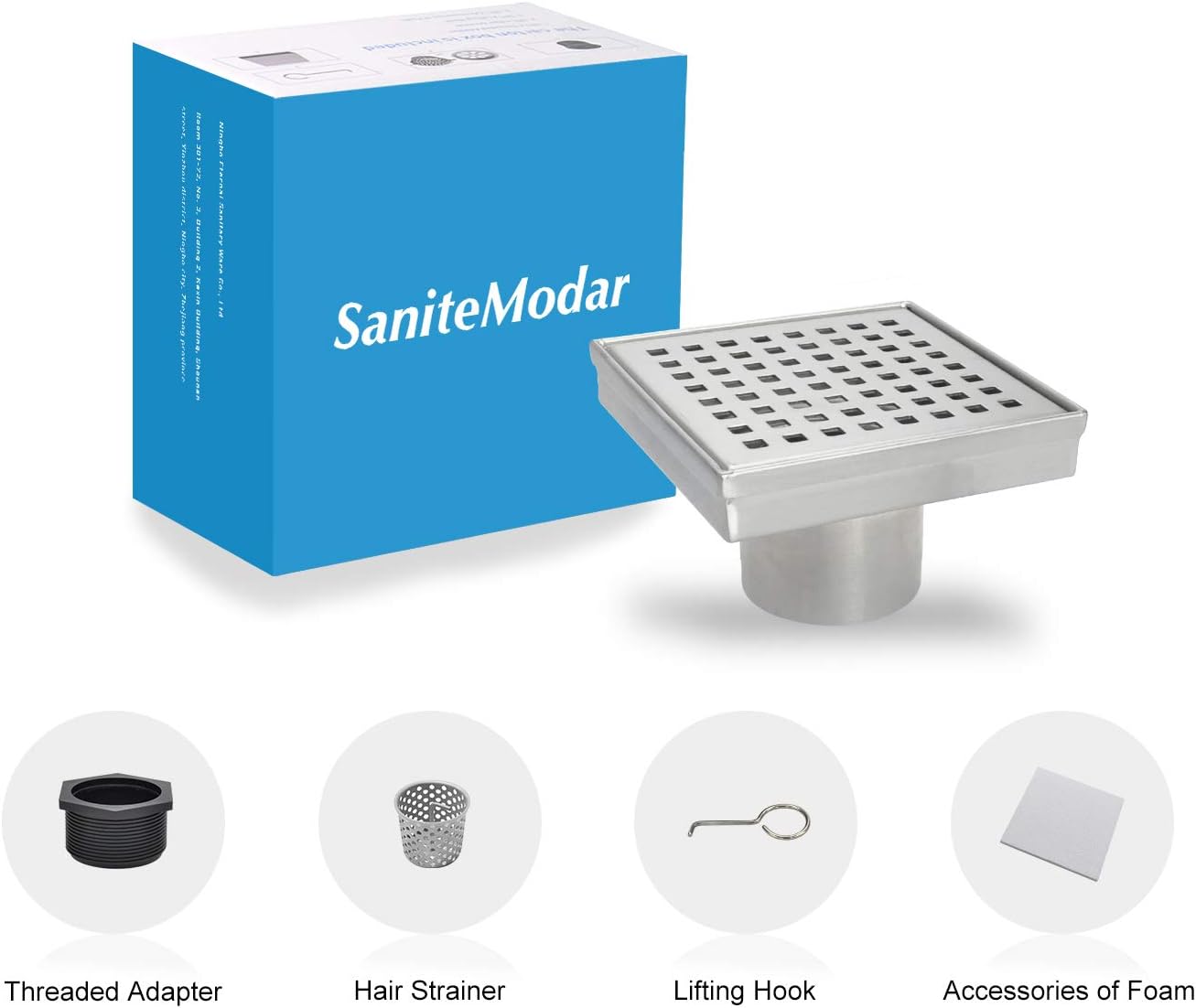 SaniteModar Square Shower Drain 4 inch with Removable Square Hole Panel by using 304 Stainless Steel Brushed Process. It is Equipped Hair Filter and Threaded Joint with Rubber Ring…