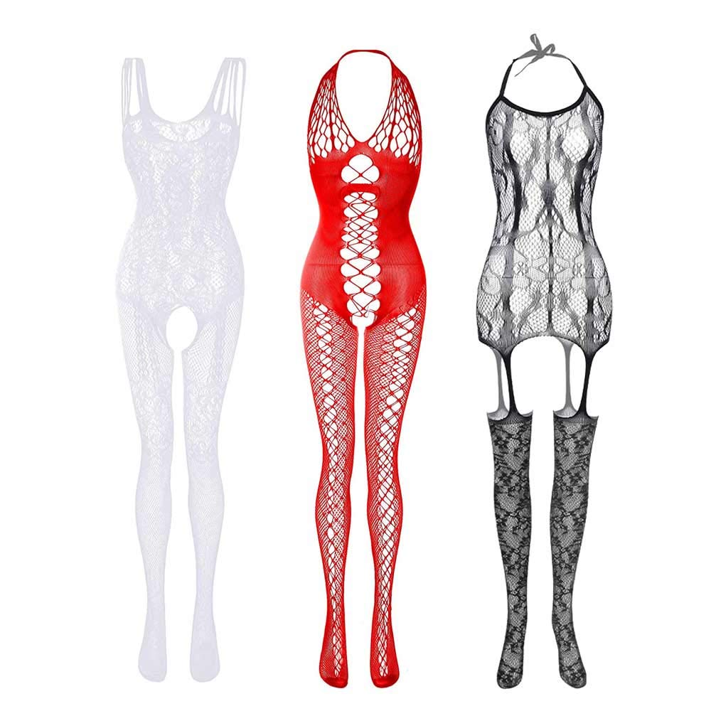 3 Pieces Women's Sexy Lace Stockings Lingerie Floral Fishnet Bodysuits Nightwear for Party and Romantic Date Wearing
