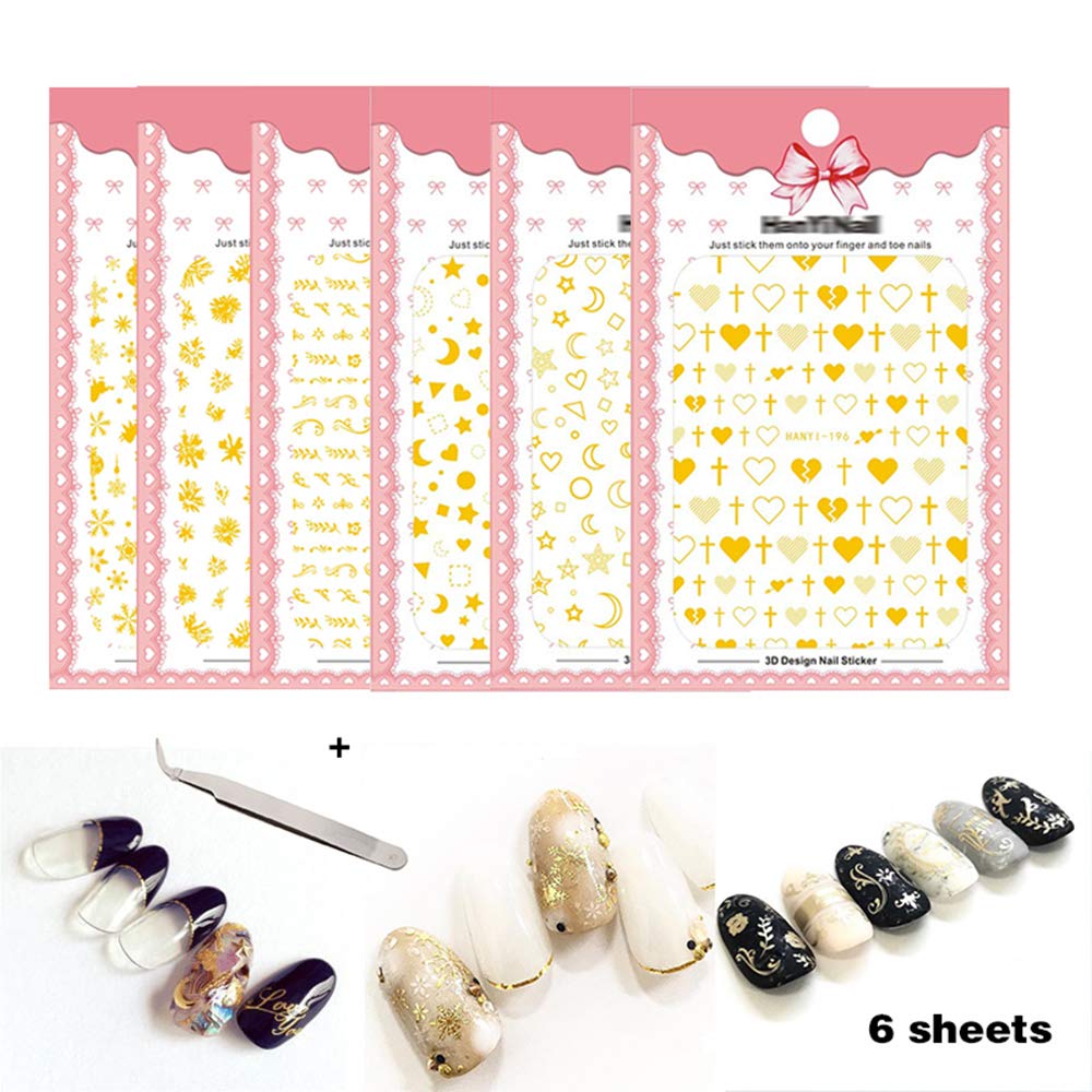 Jutao Nail Art Stickers for Women/Kids Big 3D Gold Flower Self-adhesive Nail Decals Sets of 6 (Golden)