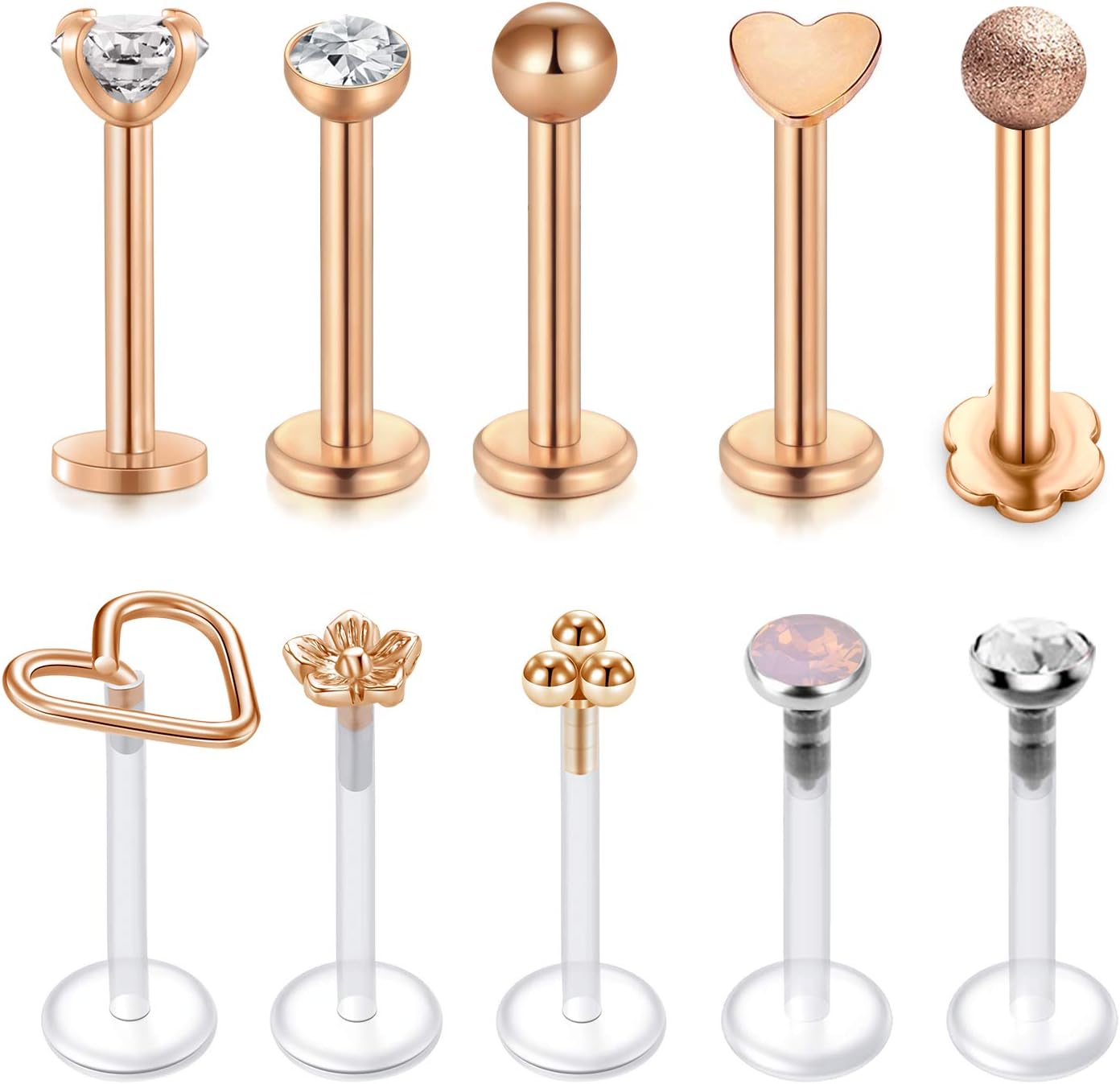 QWALIT 16G Lip Rings Labret Studs Stainless Steel Helix Cartilage Conch Tragus Earrings Stud Flat Screw Back Clear Monroe Medusa Piercing Jewelry Silver Rose Gold Black