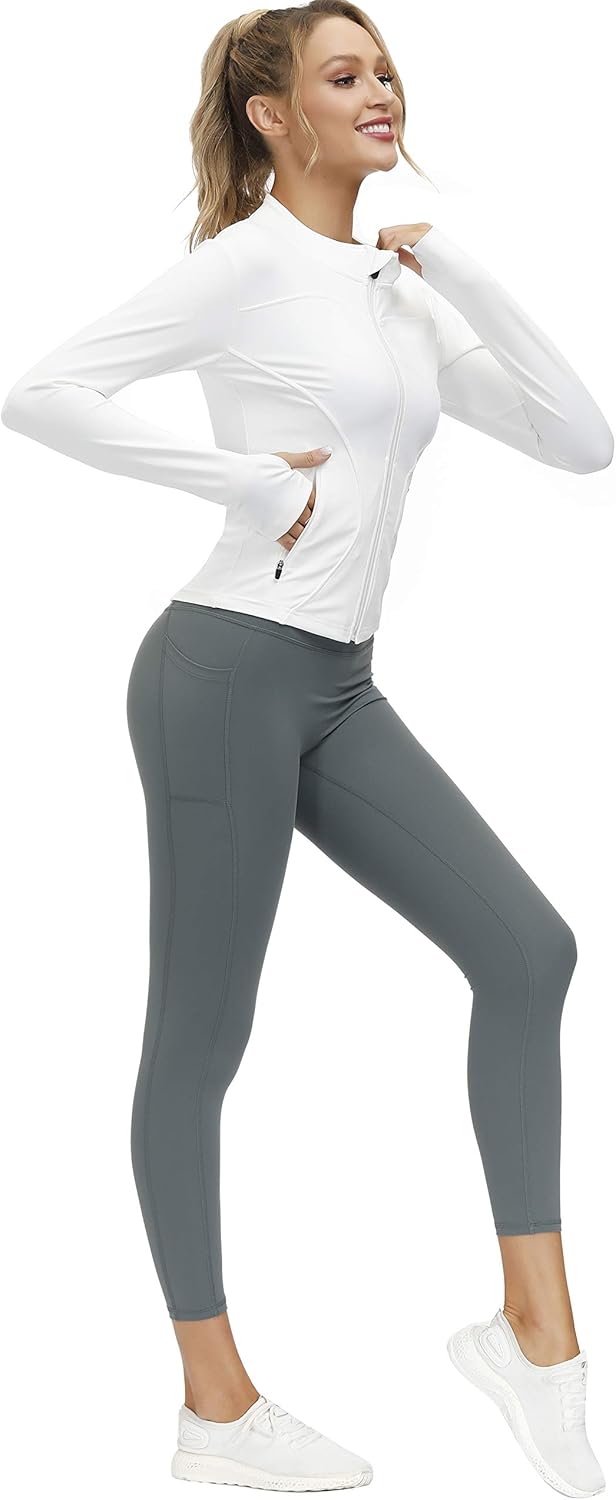 bonim Women's Workout Yoga Jacket Full Zip Running Track Jackets Activewear with Zipper Pockets White X-Large: Clothing