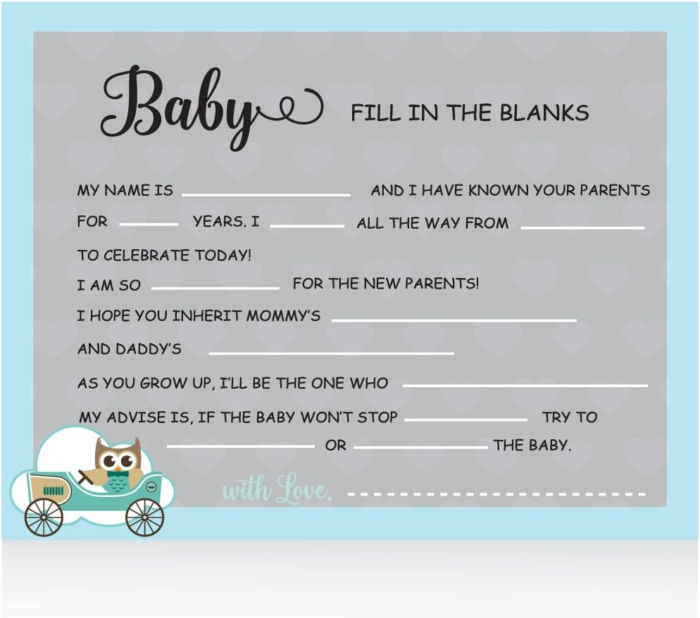 XOXOKristen Blue Baby Boy Shower Collection: OWL Baby Fill in The Blank Game, It's a Boy Fill in The Blank