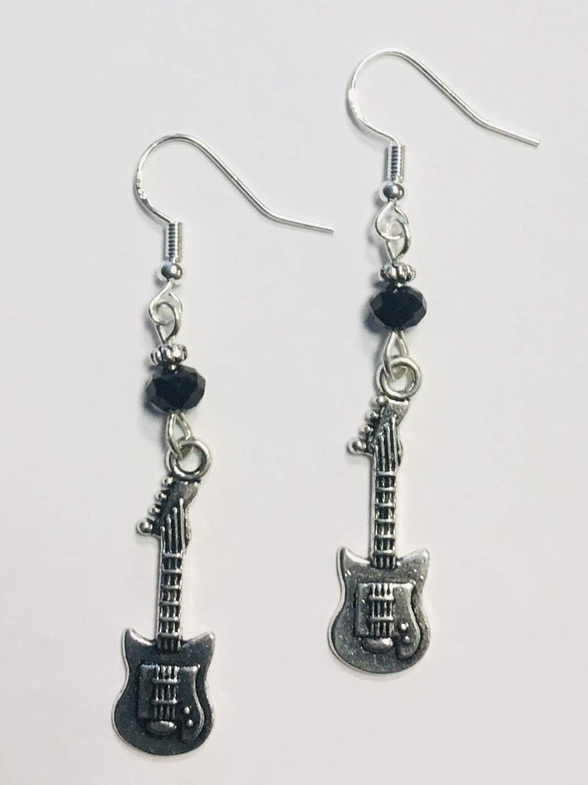 Guitar Player or Musician Earrings with jet crystal faceted accent beads, on sterling silver earwires
