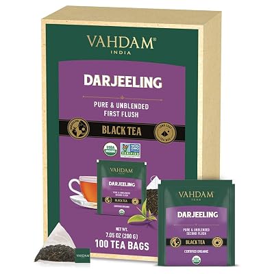 VAHDAM, Darjeeling Tea, 100 WHOLE LEAF TEA BAGS, Direct from Source in India | Certified Organic, 100% Pure Unblended Darjeeling Tea Bags | Black Tea