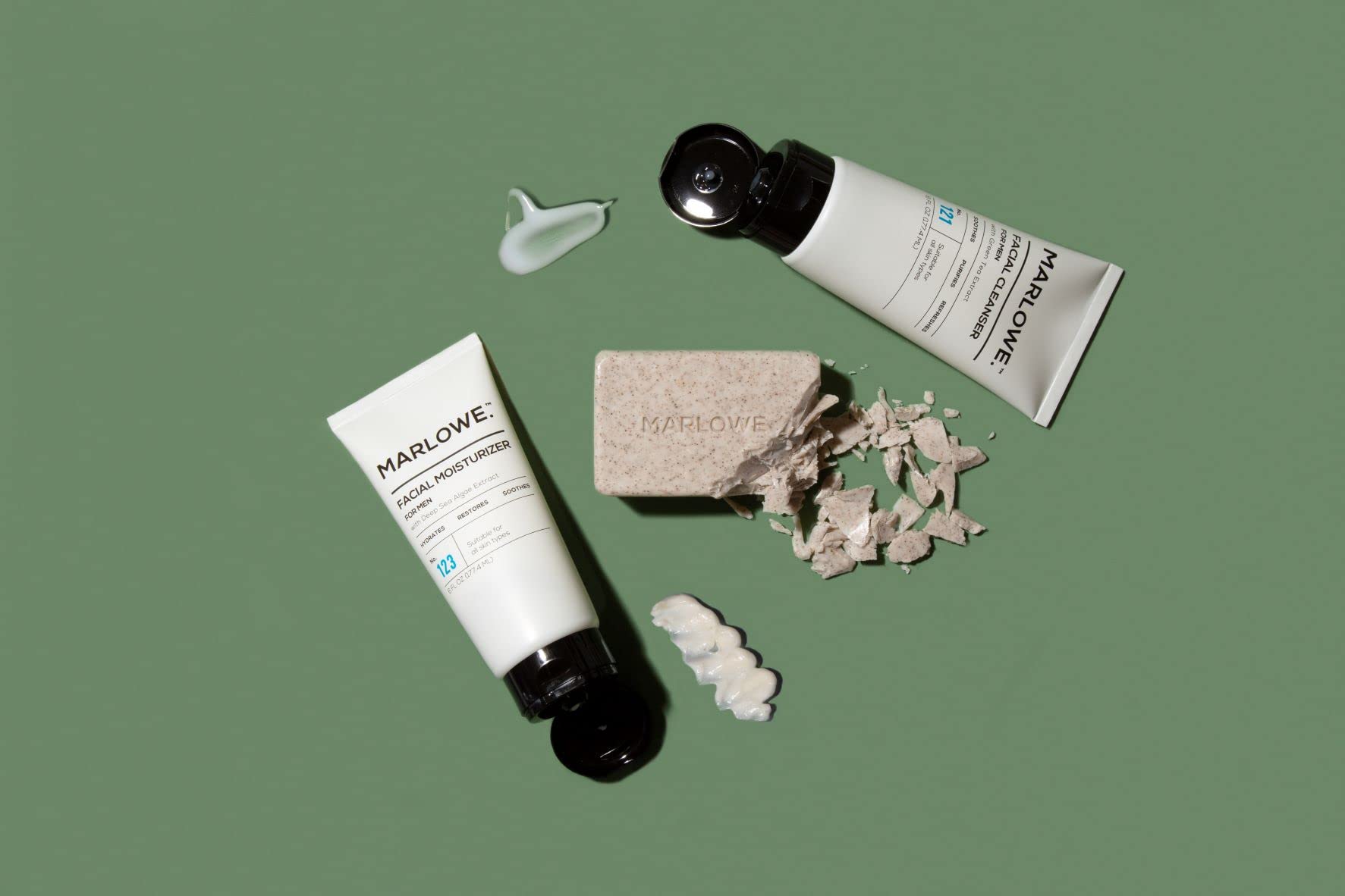 MARLOWE. Best Sellers Kit No. 203, Features Signature No. 102 Original Body Scrub Soap Bar, No. 121 Facial Cleanser & No. 123 Facial Moisturizer, Great Gift for Men