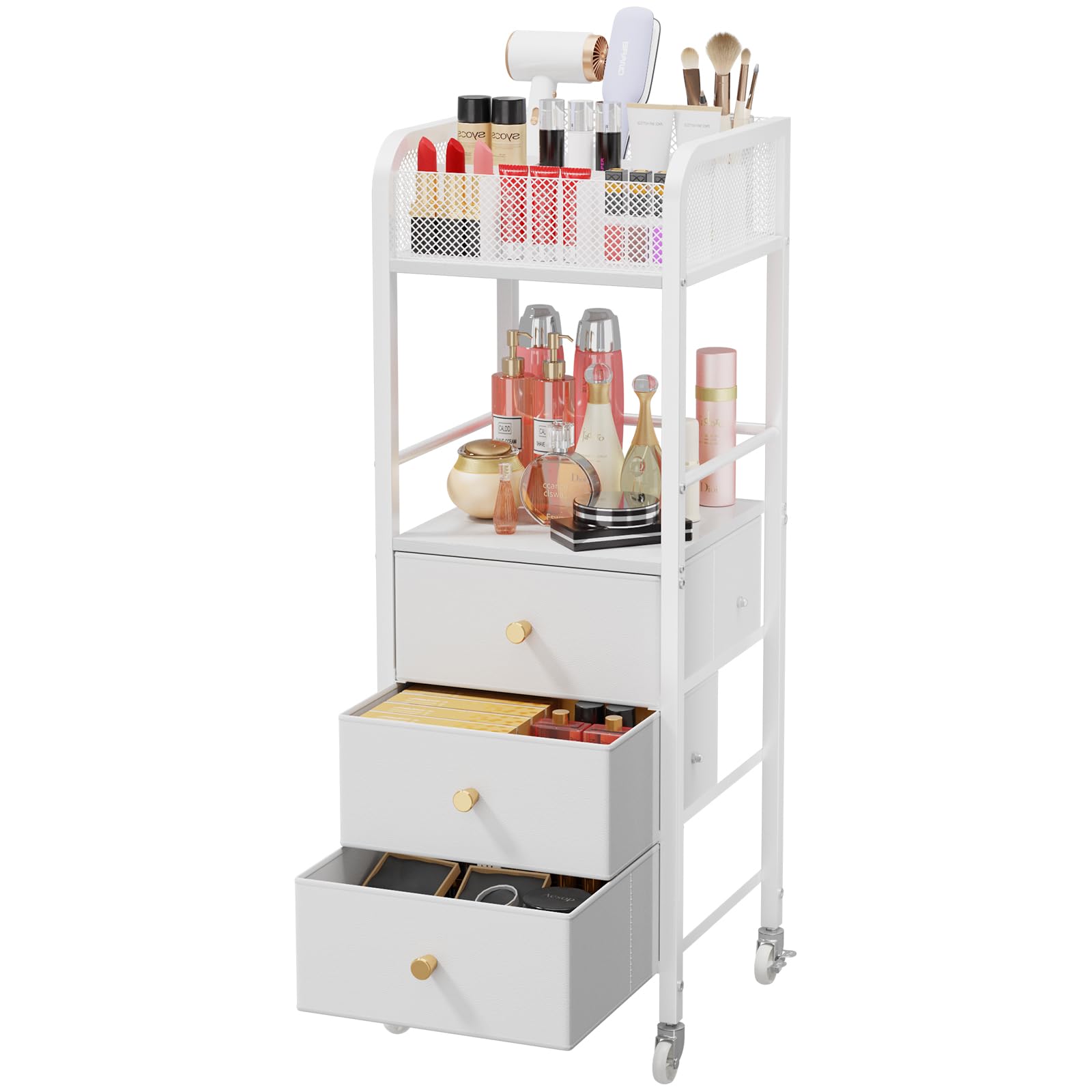 Photo 1 of HapiRm Rolling Makeup Cart Organizer - Floor Skincare Make Up Storage with 3 Drawers, Vanity Organizer Cosmetic Display Cases Holder for Skin Care Perfume Nail Polish Brush Hair Tool, White