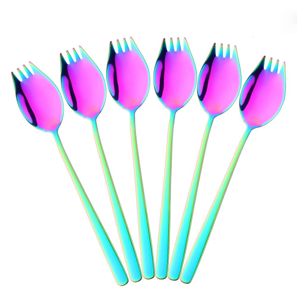 BISDARUN Rainbow Colored Spork Stainless Steel Iridescent Sporks 6-piece Travel Camping Spoon Fork set 2 in 1 long 21.3cm Spoon Fork for Buffet Pasta Noodle Soup