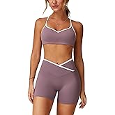 ABOCIW Workout Sets for Women 2 Piece Color Block Strappy Sports Bra Crossover High Waist Shorts Gym Yoga Pilates Outfits