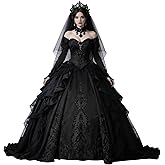 Zhangyo Gothic Wedding Dresses for Bride Black Long Sleeve Bridal Dresses Puffy Lace Satin Quinceanera Dress
