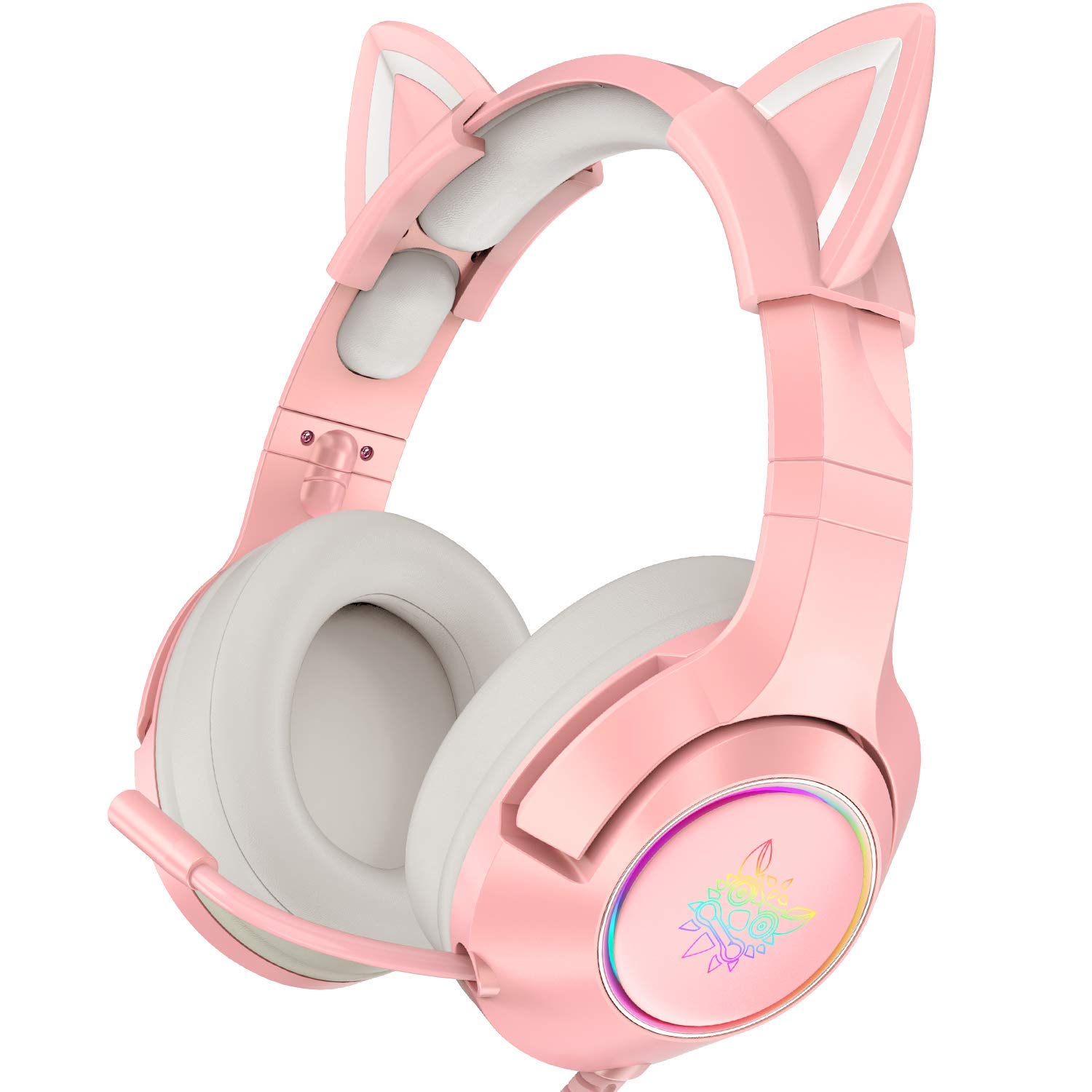 PHNIXGAM Pink Gaming Headset for PS4, PS5, Xbox One(No Adapter), Wired Over-Ear Headphones with Detachable Cat Ears, Microphone, RGB Backlight, Surround Sound for PC, Mobile Phone