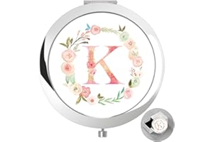 boutikpro Personalized Gift Initial Compact Mirror w Box for Women Sister Daughter Mom Wife, Floral Monogram Alphabet Silver Small Mirror Ideal Gift on Birthday, Christmas, Graduation (K, Silver)