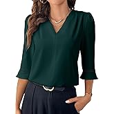 EVALESS Women's 3/4 Sleeve Tops Dressy Casual Pleated V Neck Business Work Blouses Office Shirts