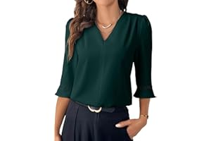 EVALESS Women's 3/4 Sleeve Tops Dressy Casual Pleated V Neck Business Work Blouses Office Shirts