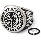 ENXICO Vegvisir The Viking Runic Compass Ring with Rune Circle and Double Valknut Symbol 316L Stainless Steel Norse Scandinavian Viking Jewelry