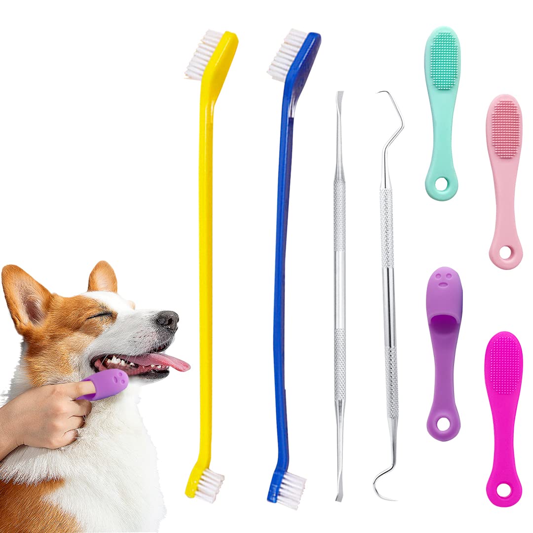 Zayookey 8 Pack Dog Teeth Cleaning Tools Plaque Remover Dog Finger Toothbrush Dog Tooth Brushing Kit Double Head Stainless Steel Dog Tooth Scraper for Puppies, Cats and Small Pets