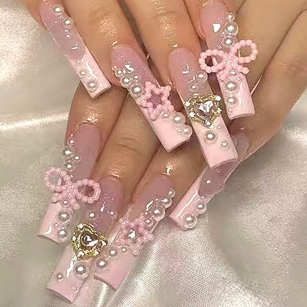 Cute Press on Nails Long Square Y2K BAOYAALIN, Pink Fake Nails with 3D Alloy Rhinestones Pearls Design Gel Glue on Nails for Women Girls Acrylic Artificial False Stick on Nail for Wedding 24Pcs