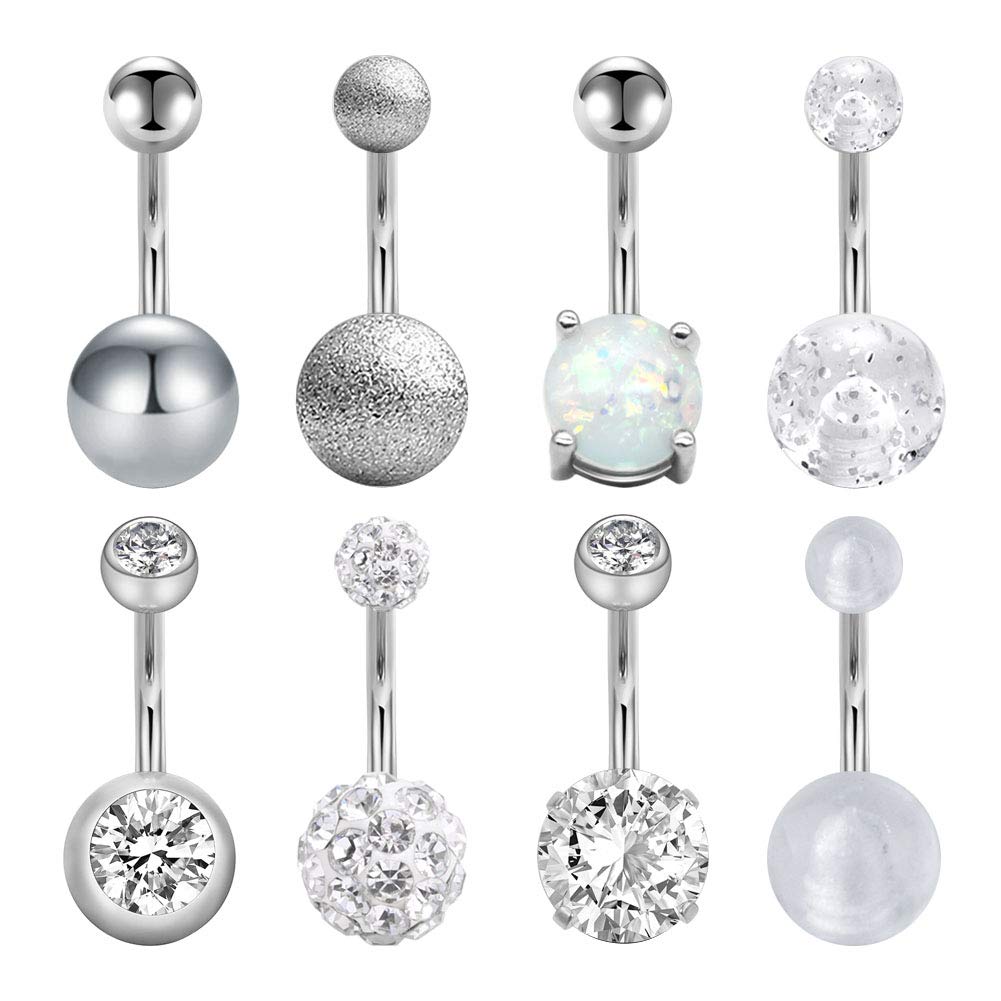 Mayhoop 8Pcs Belly Bars 14G Stainless Steel Silver CZ Opale Belly Button Bar Navel Bar Belly Button Rings Belly Rings Navel Rings Body Piercing Jewelry Women 10mm