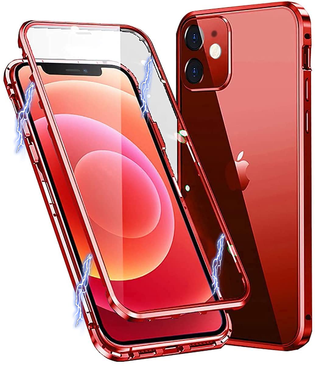 MIMGOAL Case for iPhone 11 Magnetic Cover 360 Degree Full Body Shockproof [Built-in Camera Lens Protector] Metal Bumper with Front and Back Clear Tempered Glass, Red