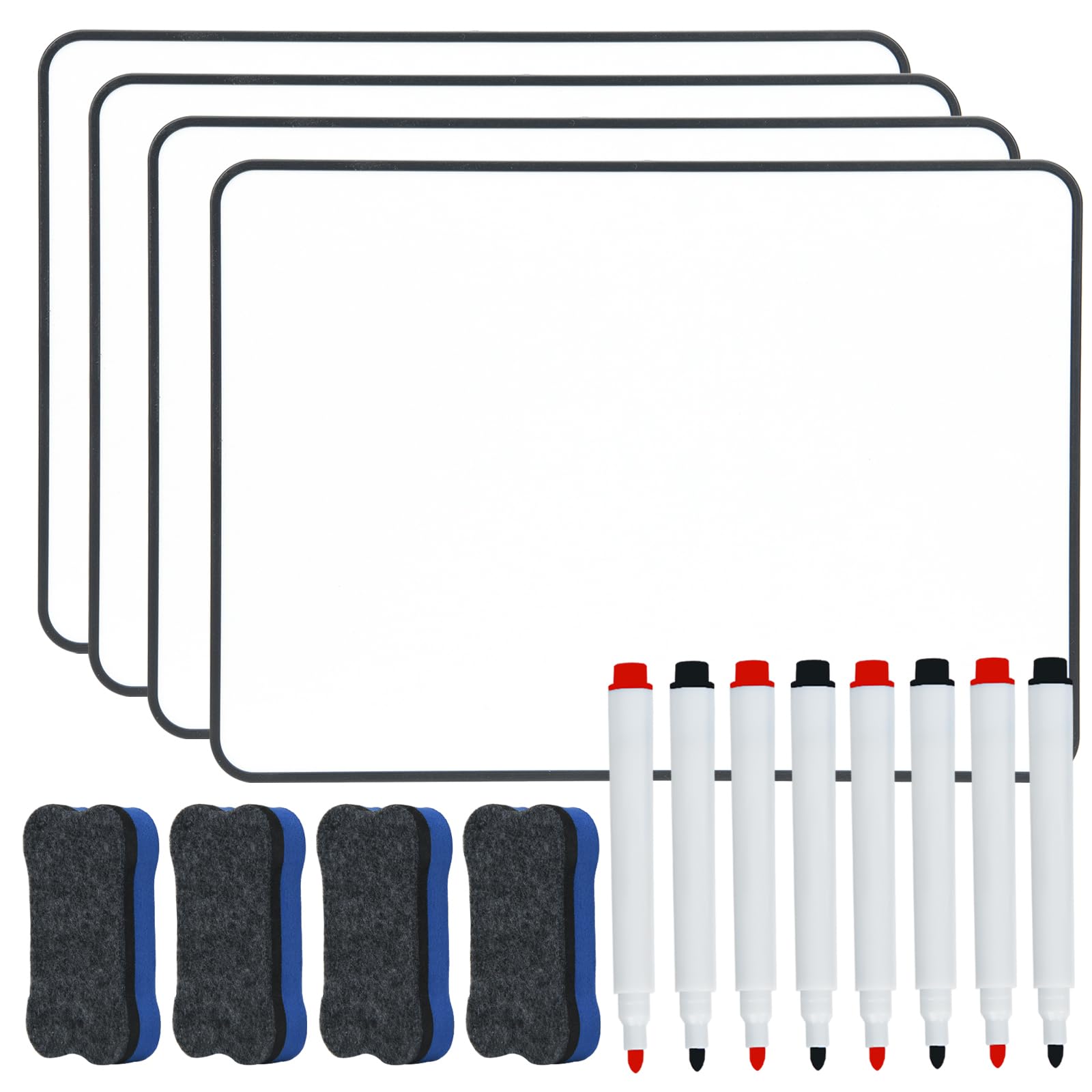 A4 Whiteboard, Hiziwimi 4Pcs 30X21cm Dry Erase Mini Whiteboards, A4 White Board Double-Sided with Black Frame, with 8Pcs Marker and 4Pcs Board Eraser, Portable Whiteboard for Drawing and Writing