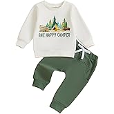CREAIRY 2Pcs Baby Boy 1st Birthday Outfit One Happy Camper Sweatshirt Long Sleeve T-Shirt Tops Pants Set Camping Fall Clothes