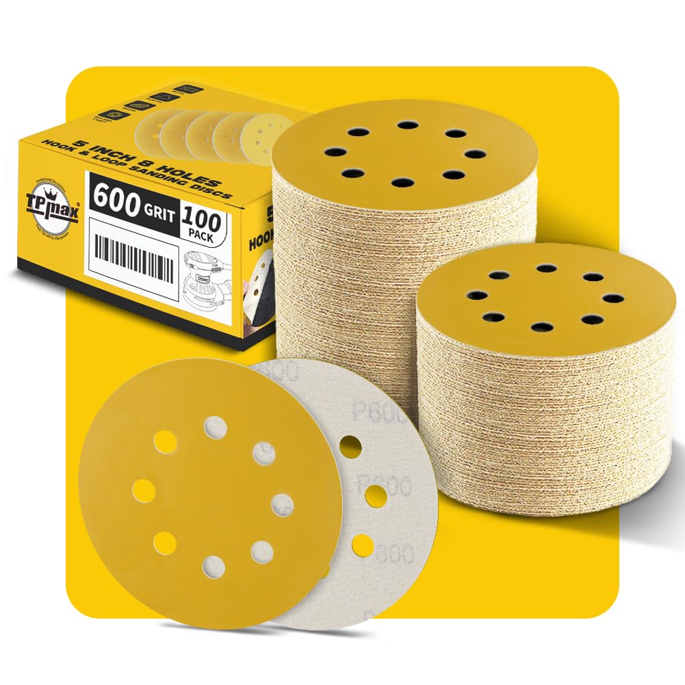 100PCS 125mm 8 Hole Sanding Discs Sandpaper, 600 Grit, Premium Gold Round Hook and Loop for Random Orbital Sander - Ideal for Wood, Metal, Automotive — image 1