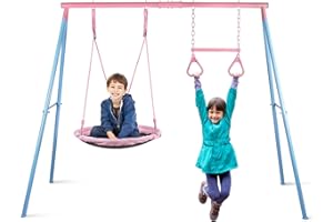 Lunafun Swing Sets for Backyard, Heavy-Duty A-Frame Metal Outdoor Swing Stand,1 Saucer Swing Seat & 1 Pink Trapeze Swing Bar Rings 440lbs
