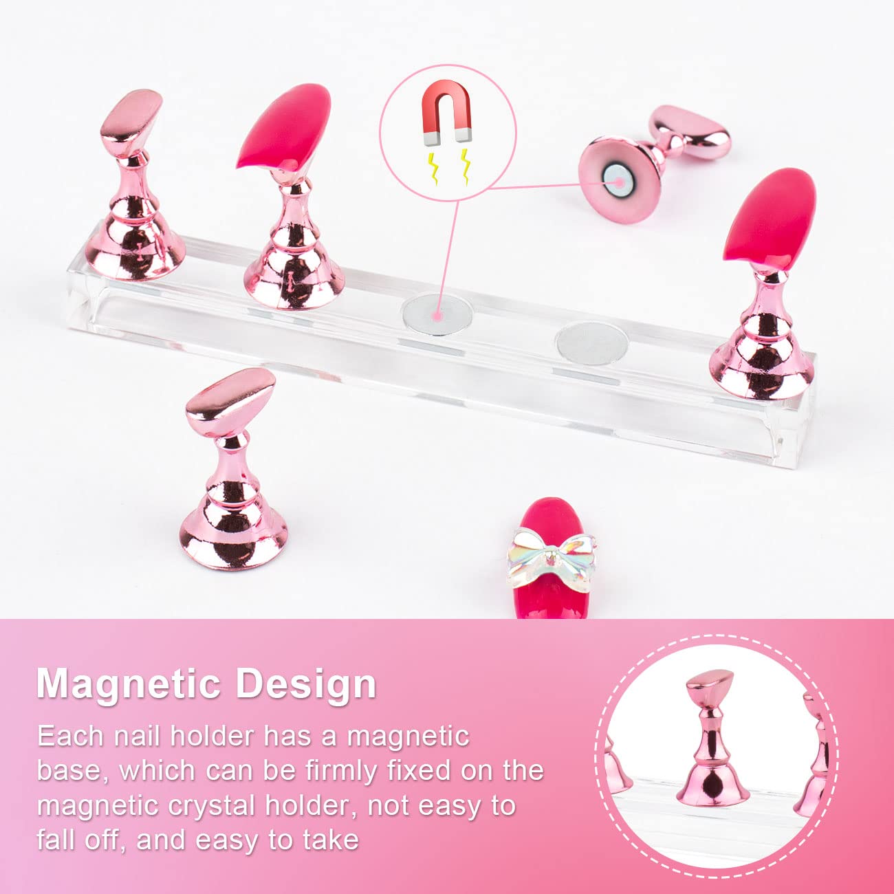 Difenni Nail Stands Acrylic Nail Art,Press on Nail Stand Magnetic Nail Tips Practice Holder 54 Pcs Reusable Adhesive Putty for DIY Painting(Pink