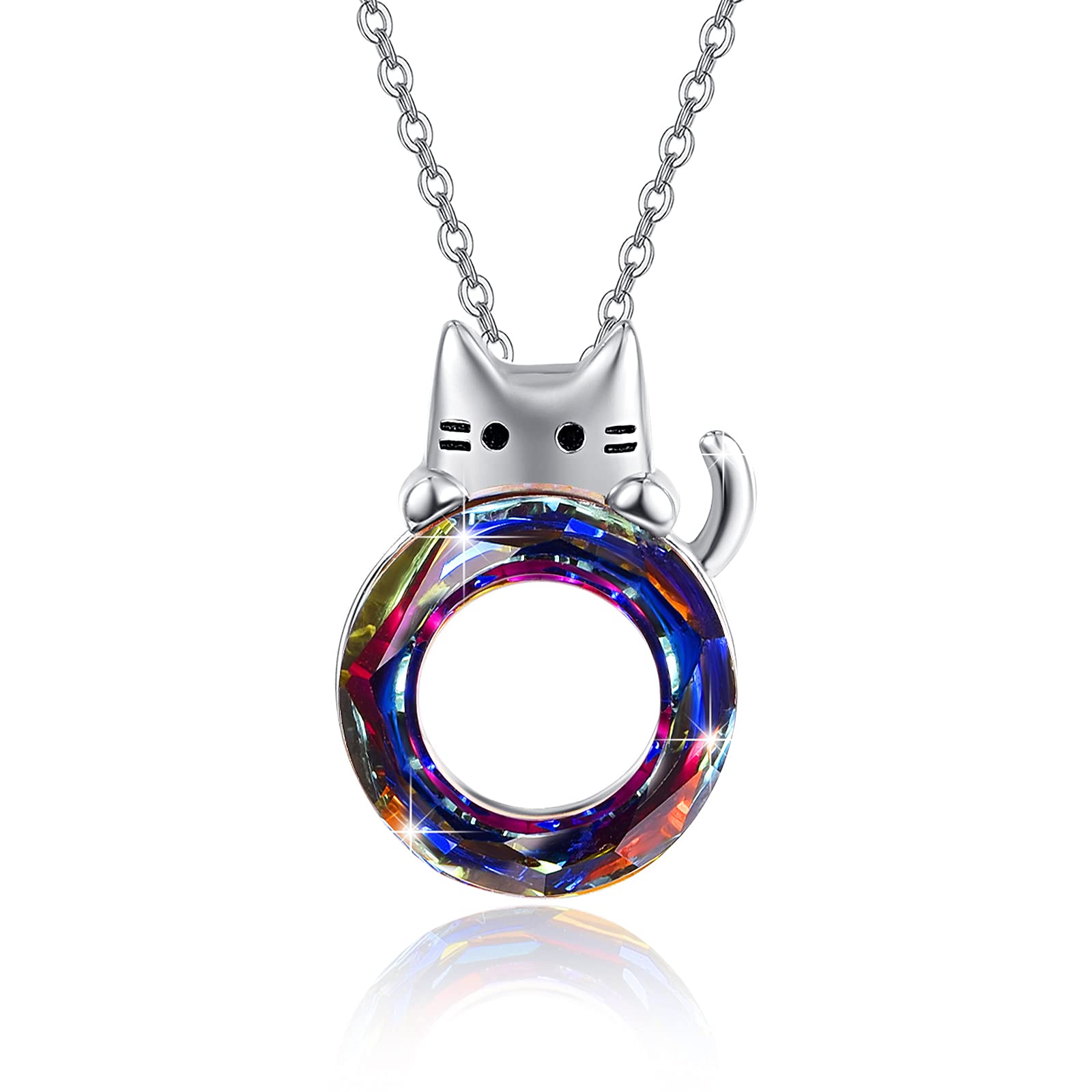 JFASHOP Cat Necklace for Women,925 Sterling Silver Cat Keepsake Pendant Coloured Crystal Animal Jewellery Cat Memorial Necklace Gifts for Cat Lover Women Girls