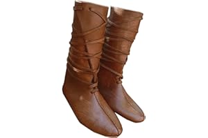 SYKTKMX Mens Renaissance Medieval Cosplay Halloween Boots Faux Leather Mid Calf Lace Up Vintage Stage Pirate Viking Tied Shoes