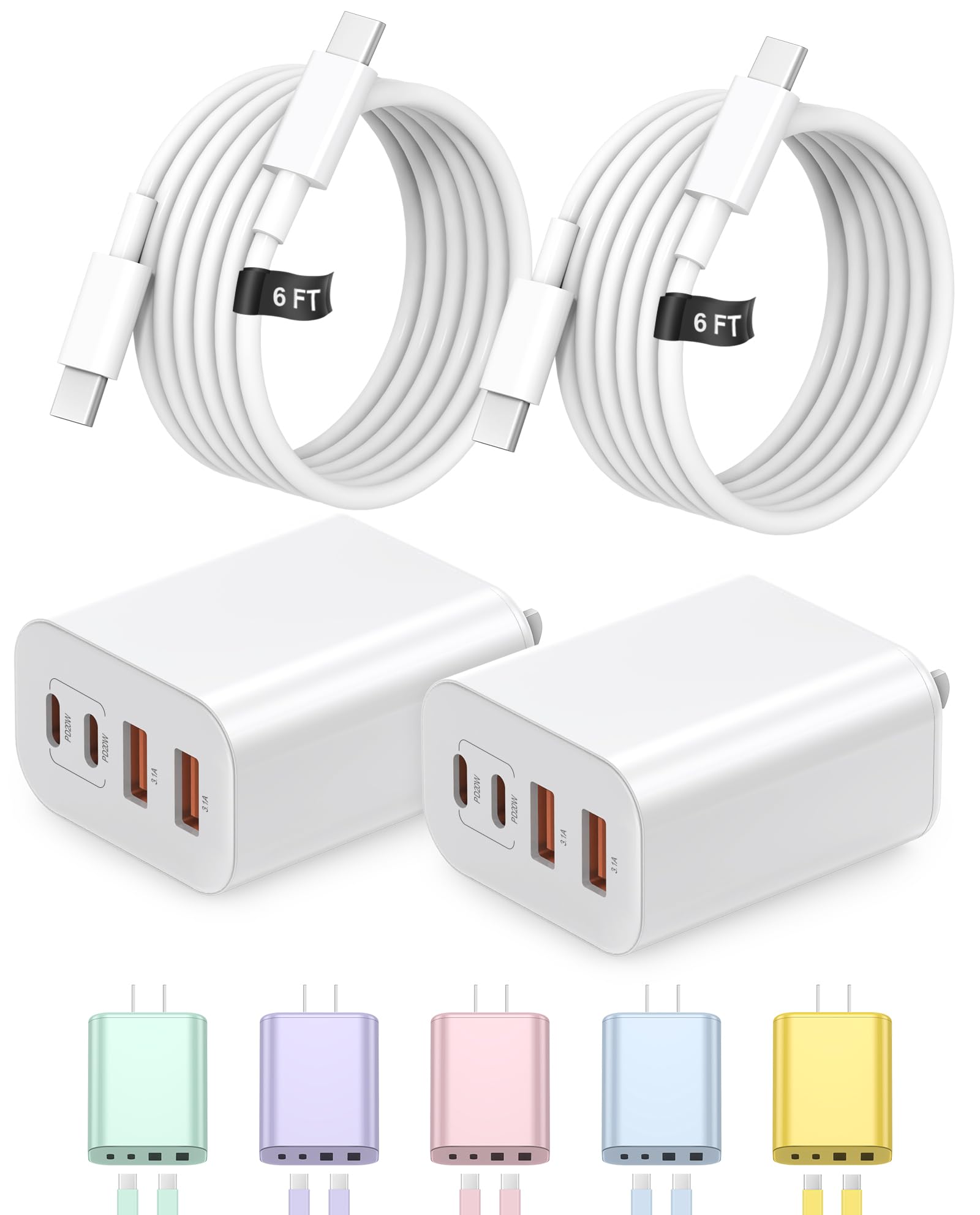 40W USB C Charger Block, iPhone 17 16 15 Charger Fast Charging,2-Pack 4-Port Fast Charging Block with 6FT Type C Cable Multiport Power Block for iPhone Air/iPhone17/16/15 Pro Max/iPad/Samsung