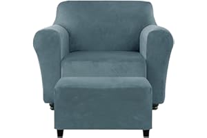 KSLHRCB Chair and Ottoman Cover Set, Armchair and Ottoman Velvet Cover Non-Slip, Stretch Single Seat Sofa and Foot Stool Covers Set for Living Room (Grey Blue,Chair + Ottoman)