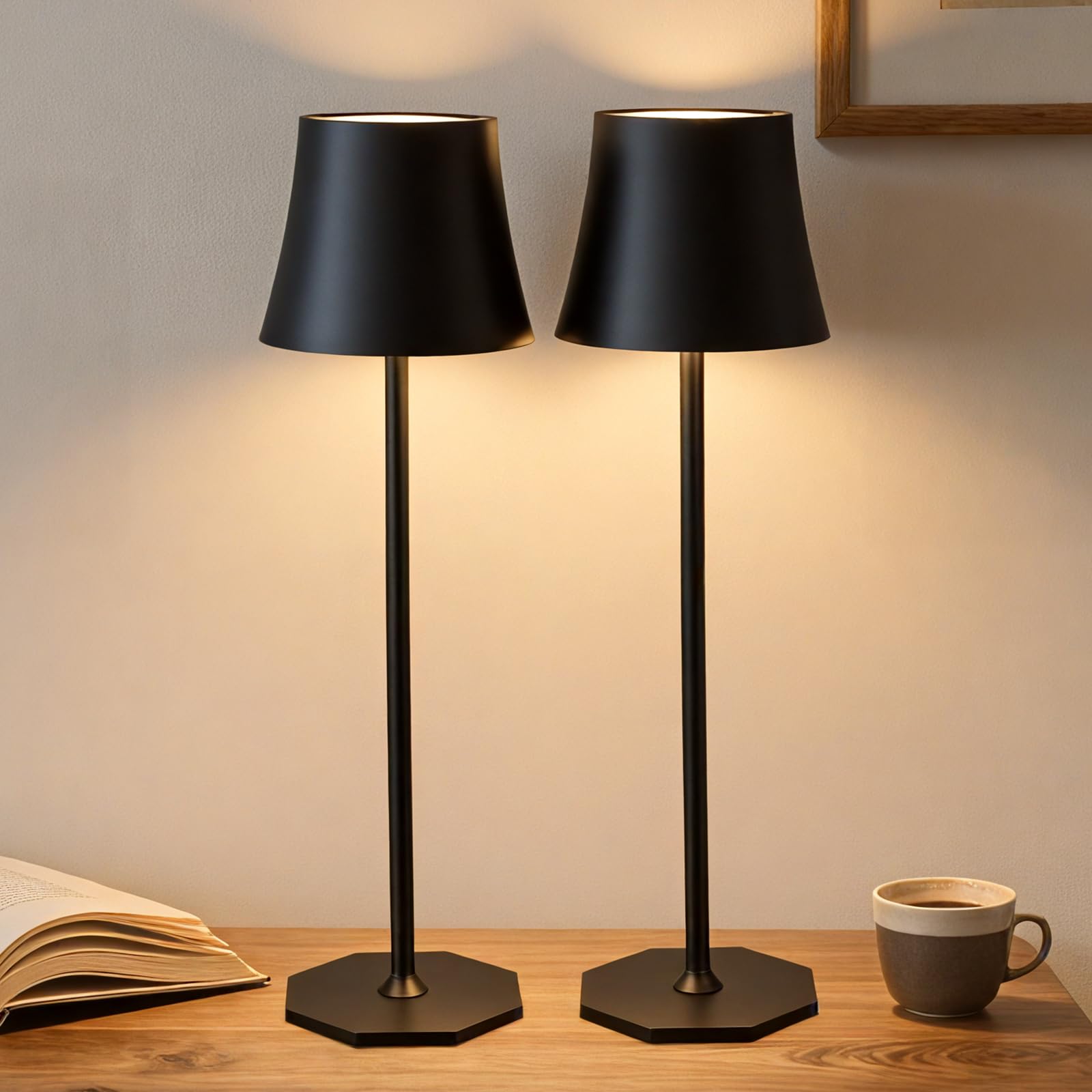 Alaoo Rechargeable Cordless Table Lamps, 2Pcs Dimmable Touch Control Wireless Lamp with 3 Color Modes, Portable LED Touch Bedside Table Lamp for Living Room, Office, Bedroom, Work, Study, Black