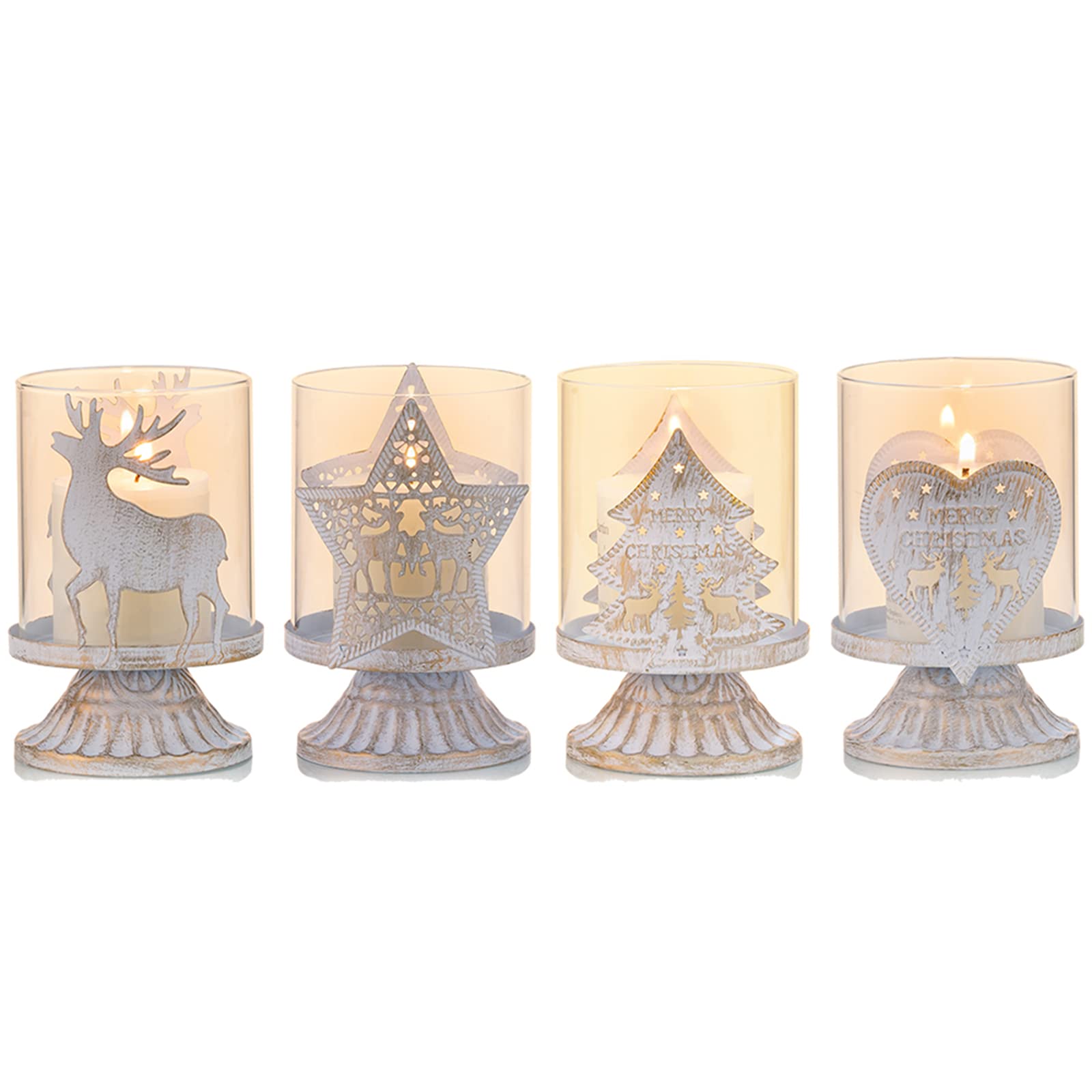 Sziqiqi Vintage Antique Metal Pillar Candle Holders Set of 4, Distressed Hurricane Candlestick Candle Holders Prefer Centerpieces for Christmas Table Mantle Fireplace Decoration, 4 Pcs