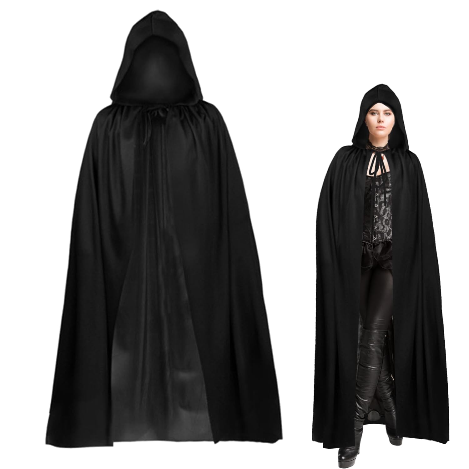 FUIPVGI Black Hooded Cloak, 67" Long Cape Grim Reaper Vampire Witch Hooded Robe Cloak, Cosplay Costume for Carnival Halloween Fancy Dress Wizard Costume (Black)