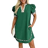 Wenrine Womens Puff Short Sleeve Mini Dress Casual V Neck Color Block Leopard Loose Beach Summer Dresses with Pockets