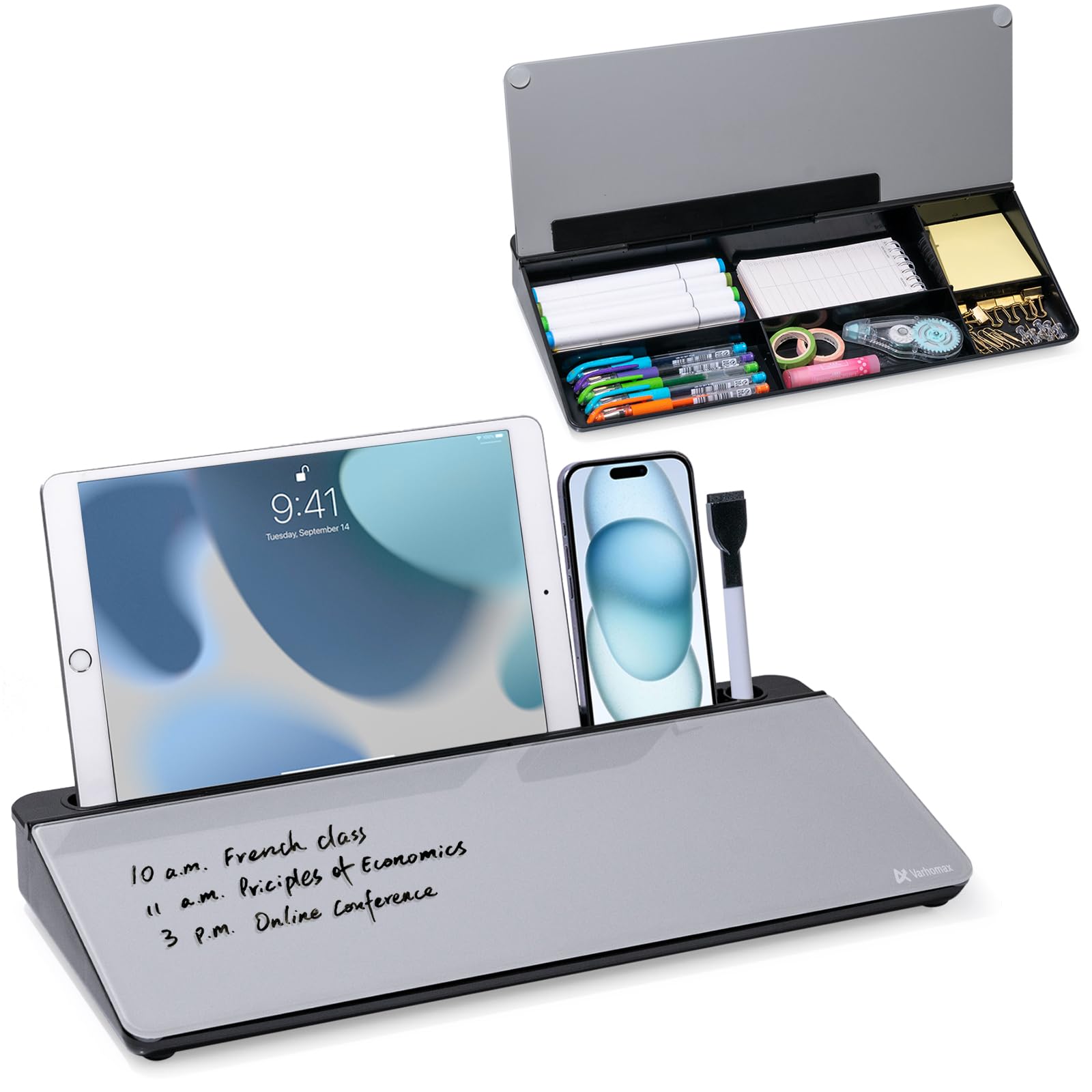 Varhomax Glass Desk Whiteboard with Storage, Desk Buddy to-do List Memo Desktop Dry Erase White Board Keyboard Stand for Home Office and School Supplies