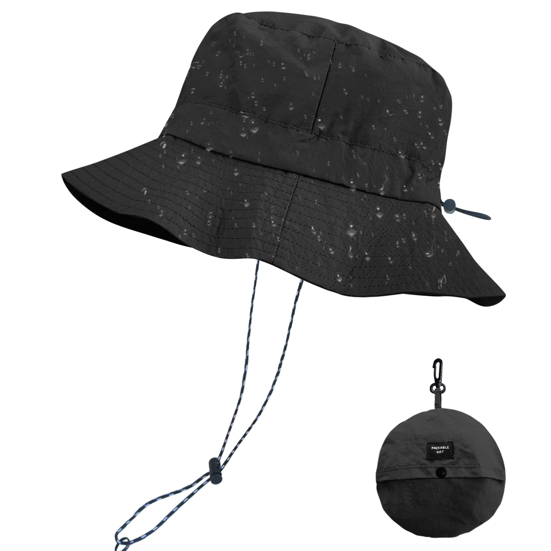 Photo 1 of PFFY Quick Dry Waterproof Packable Bucket Hat for Women Men Outdoor Sun Hats with Detachable Chin Strap Black