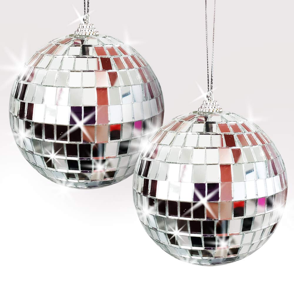 Photo 1 of ArtCreativity 4 Inch Mirror Disco Ball, Set of 2, Silver Disco Balls with Hanging String for Parties, Birthdays, & Weddings, 90’s Disco Party Decorations & Supplies, Ceiling Décor Disco Accessories