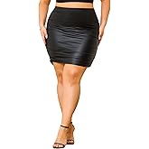 MakeMeChic Women's Plus Size PU Leather Mini Skirts Ruched Slim Fit Bodycon Pencil Party Club Skirt