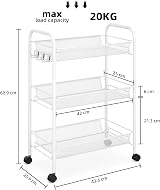 3-Tier Rolling Cart On Wheels White Easy Assemble Storage Trolley view 2