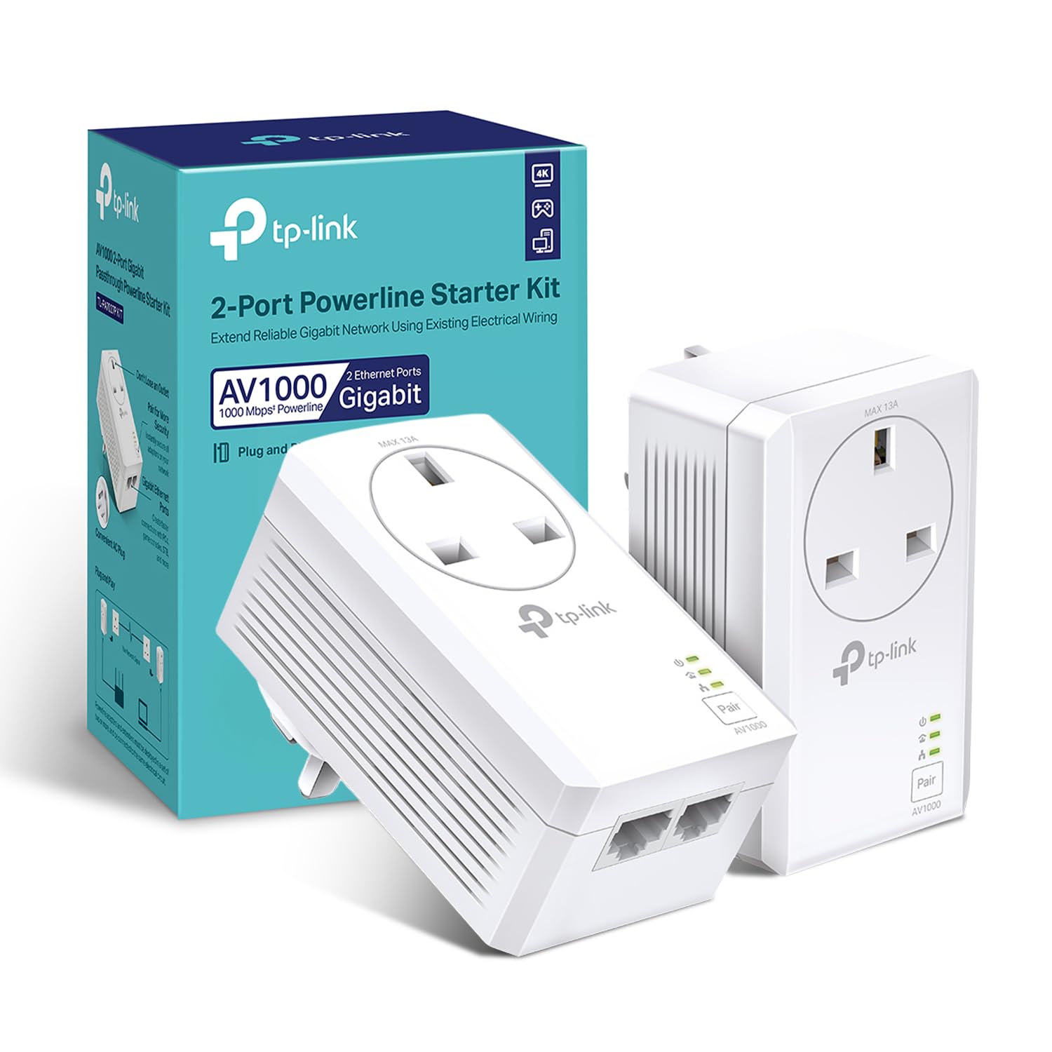 TP-Link TL-PA7027PKIT Passthrough Powerline Adapter Kit, AV1000 2-Port Gigabit, Powerline Network Adapters Speed up to 1000 Mbps, 4K Video Streaming and Online Gaming, No Configuration Required