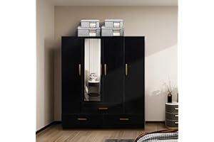 TrendTerrace Armoire Wardrobe Closet: Wood Armoire Wardrobe Organizers with 3 Drawers, 4 Doors, Hanging Rod, Mirror and Shelves for Bedroom High Capacity Storage Cabinet, Black