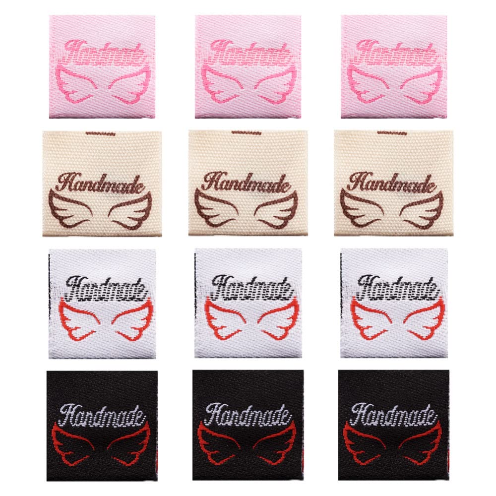 Pandahall 200pcs Handmade with Love Woven Sewing Label 4 Colors Polyester Sew-On Foldable Label Tags Costume Clothing Labels for Sewing Clothing